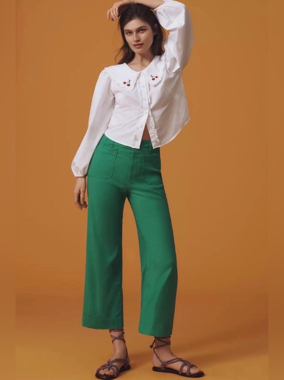 Maeve The Colette Crop Wide-Leg Pants Green Linen Blend Size 31